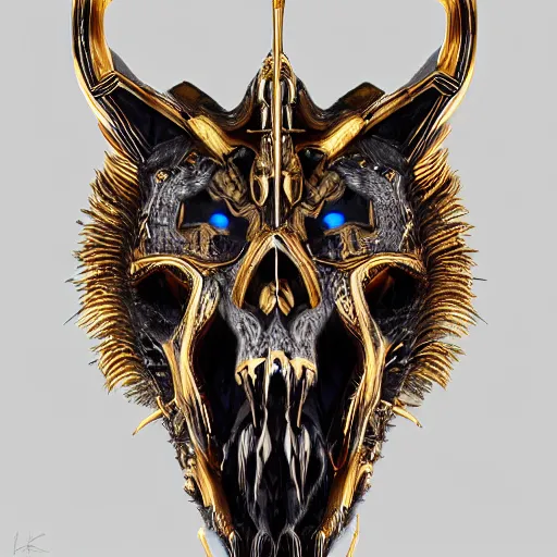 Prompt: portrait closeup of half wolf skull half iroquois warrior skull, dramatic lighting, circural, golden ornaments, symmetric, intricate skeletal decorations, symmetry, highly detailed, concept art, black, glimpse of red, white, gold layers, centered, style of nekroxiii, hyperrealistic, black background, smoke