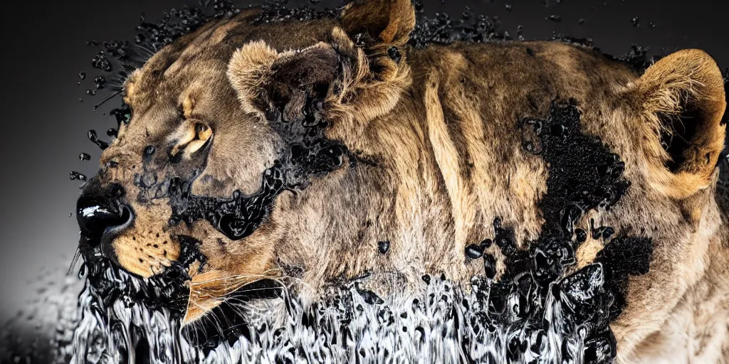 Prompt: a black lioness made of ferrofluid bathing inside the bathtub full of ferrofluid, covered in dripping ferrofluid. dslr, photography, realism, animal photography