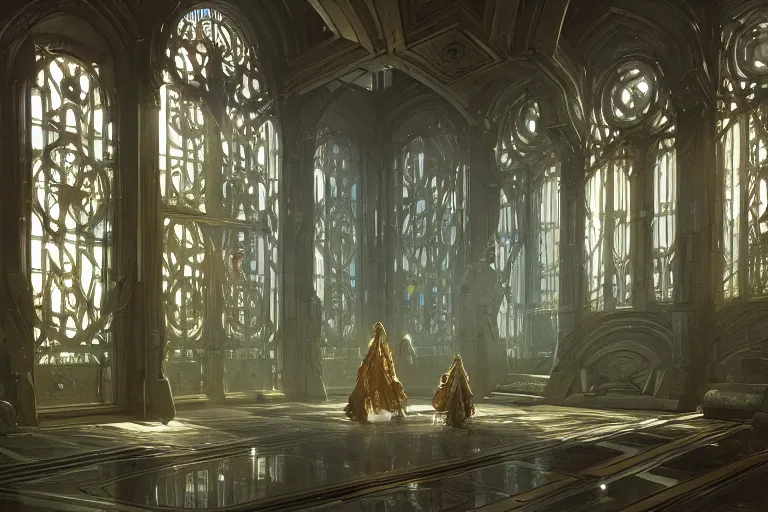 Image similar to a cybernetic room, scifi religious giant window, symmetrical, center punched, Archviz, elegant, intricate, digital painting, artstation, concept art, smooth, sharp focus, illustration, art by artgerm and greg rutkowski and alphonse mucha