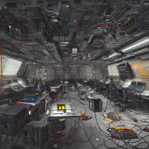 Image similar to a hackers cave with many computers and piles of modular synth cables, by cameron gray, wlop, stanley kubrick, masamune, hideki anno, unique perspective, trending on artstation, 3 d render, smooth render