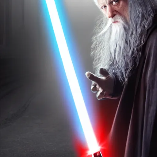 Image similar to gandalf holding a lightsaber while fighting darth vader, dramatic lighting, 4 k, digital art,