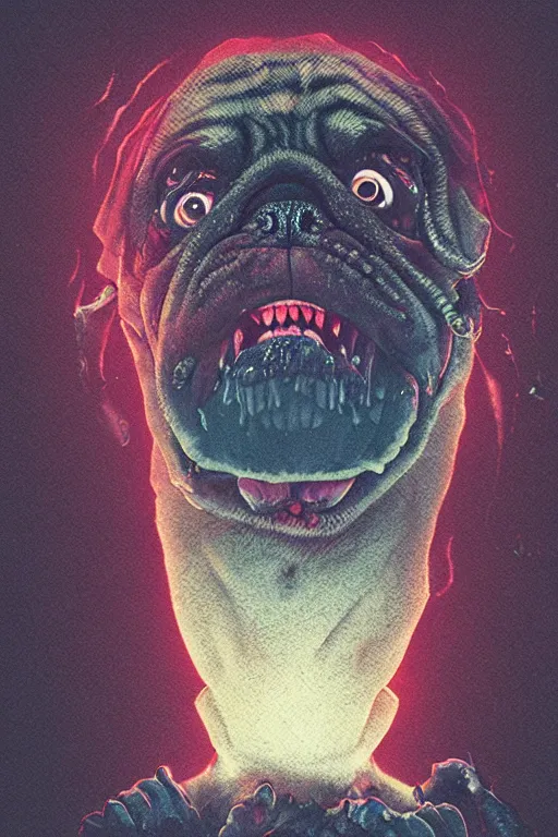 Image similar to demon pug eating flesh. art by mike winkelmann, sticker, illustration, highly detailed,