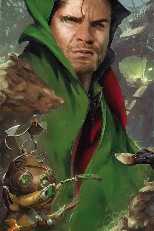 Prompt: portrait of the mousefolk hunter wearing green cape and hood by artgerm and Craig Mullins, James Jean, Andrey Ryabovichev, Mark Simonetti and Peter Morbacher 16k