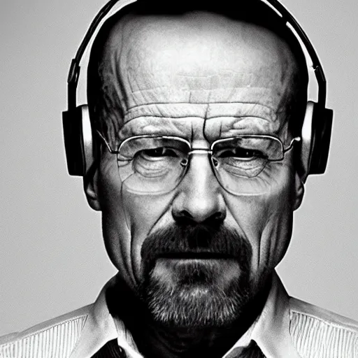 Prompt: close up, cropped award winning photo of walter white wearing pink headphones and shouting, incredibly detailed, sharp focus, hyper realistic