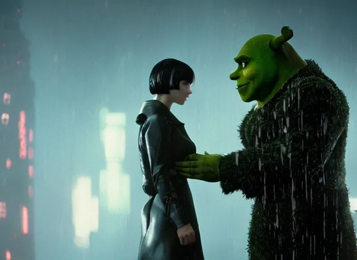 Prompt: film still shrek wearing leather coat as a detective in blade runner, 8 k