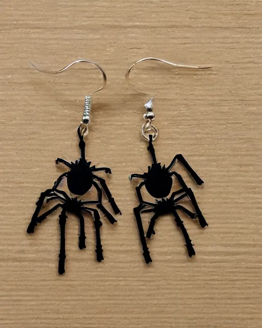 Image similar to spooky cartoon spider, 2 d lasercut earrings, in the style of tim burton