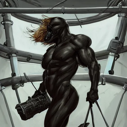 Image similar to splash art of a hyper - muscular black - coated anthropomorphic horse character in a research facility wearing a combat kevlar outfit, long hair, highly detailed, furry, furaffinity, digital painting, artstation, sharp focus, illustration, art by artgerm, greg rutkowski, alphonse mucha