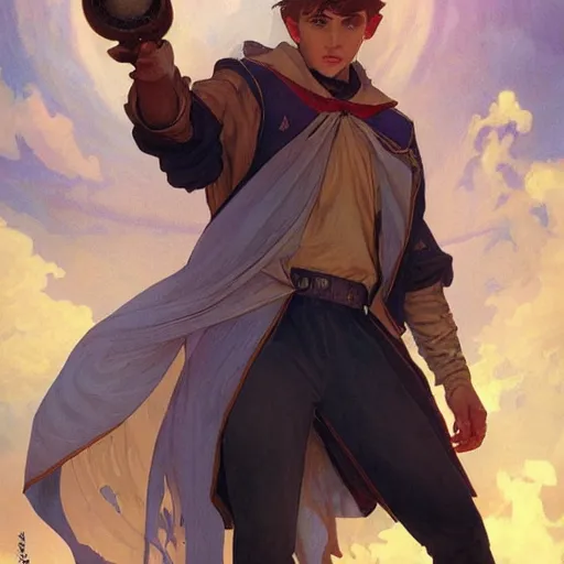 Image similar to a photorealistic male wizard teenager wearing wizard outfit, sharp focus, illustration, art by artgerm and greg rutkowski and alphonse mucha