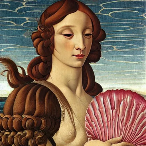 Prompt: an hyperrealistic mythological oil painting of venus with long brown hair, full body, wearing pink floral chiton, sleeping on a giant scallop shell, near the seashore, intricate lines, elegant, renaissance style, by sandro botticelli