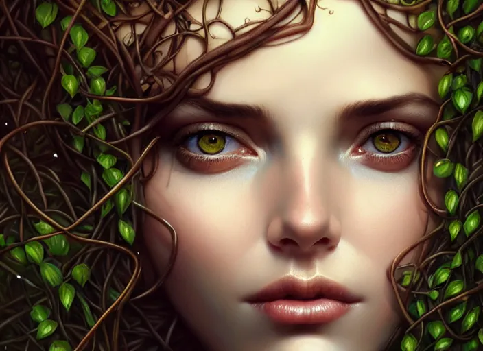 Image similar to highly detailed beautiful woman wrapped up in vines, illustration, full body realistic eyes, artstation, cinematic lighting, hyperdetailed, detailed realistic symmetrical eyes, cgsociety, 8k, high resolution, Charlie Bowater, Tom Bagshaw, Norman Rockwell, insanely detailed and intricate, clean white background