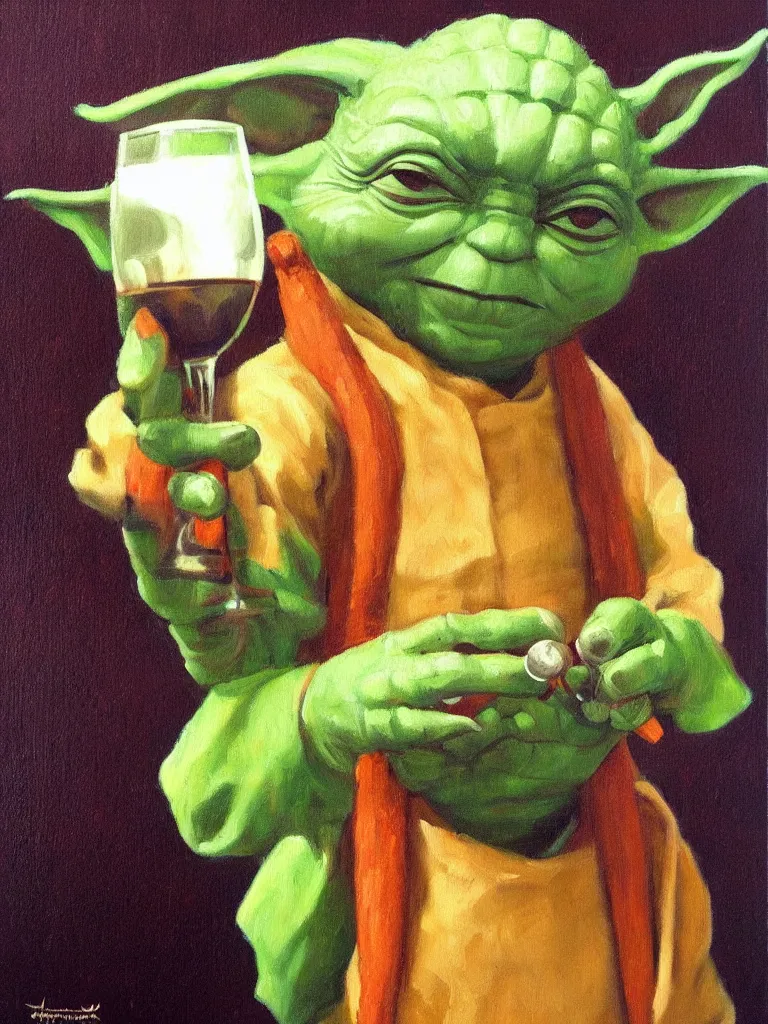 Prompt: old oil painting of a yoda holding a carrot in one hand an a glass of wine in the other, trending on artstation