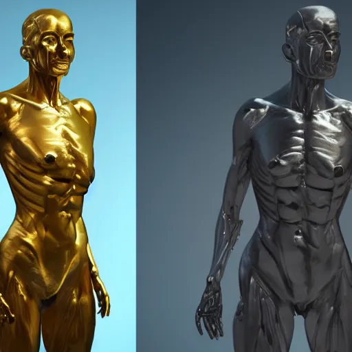 Image similar to portrait of anatomy gold statue reflect chrome, 8 k uhd, unreal engine, octane render in the artstyle of finnian macmanus, john park and greg rutkowski