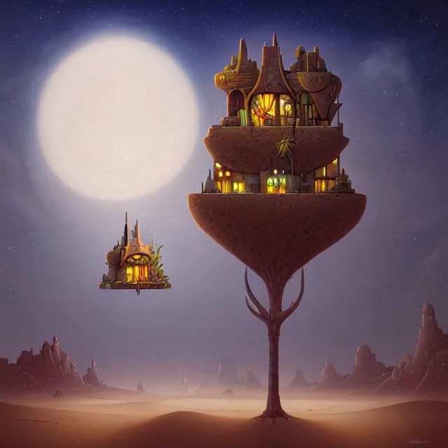 Image similar to a single building flying above a desert oasis in a moonlit night in the style of peter mohrbacher and jacek yerka