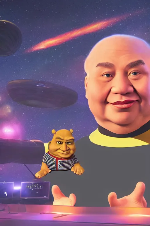 Image similar to portrait of Xi Jinping dressing up as Shrek, Xi Jinping, rule of thirds, captivating glowing lights, Star Trek setting, on interstellar space, photo realistic by Yaşar VURDEM , artstation, unreal engine, character concept art by Moebius, high quality printing