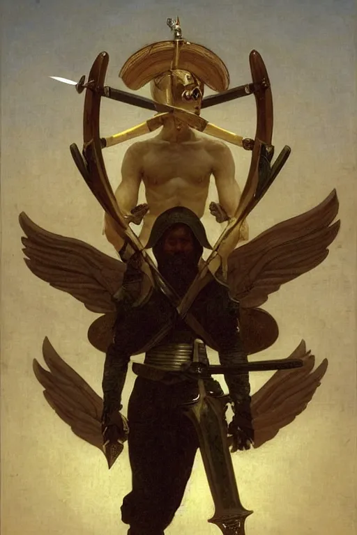 Image similar to portrait of a fully armed skeleton archer with big sword, wearing helmets and armor with wings, symmetrical, solemn, sacred, aura, by bouguereau