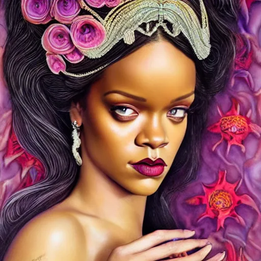 Image similar to portrait of Rihanna as a young pretty woman in flowing dress, arrogant, mysterious, long fine flowing hair, delicate, looking at camera, realistic face, intricate, stylish, elegant, grimdark, flowers, extremely detailed photograph by Martine Johanna and Ernst Haeckel and Greg Rutkowski