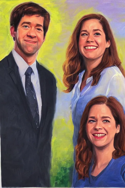 Prompt: portrait painting of jim halpert and pam beesly