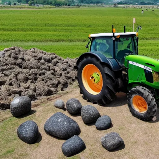 Prompt: a tractor lifting heavy stones