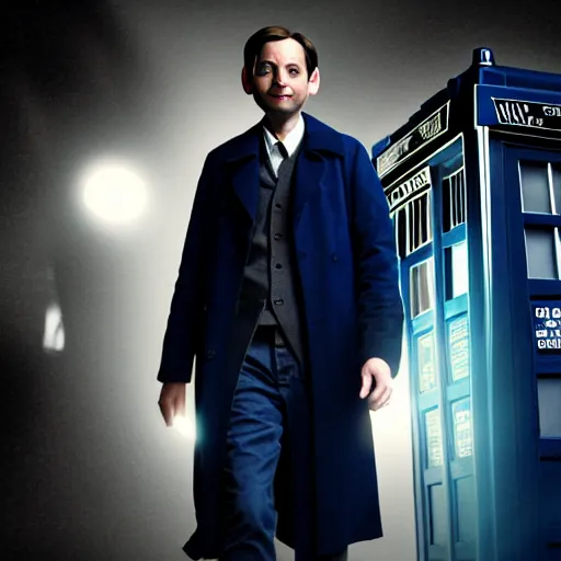 Image similar to tobey maguire as a rough dirty old man with a scruffy beard in a dark blue trenchcoat as the new doctor who, cinematic, volumetric lighting, f 8 aperture, cinematic eastman 5 3 8 4 film, photorealistic