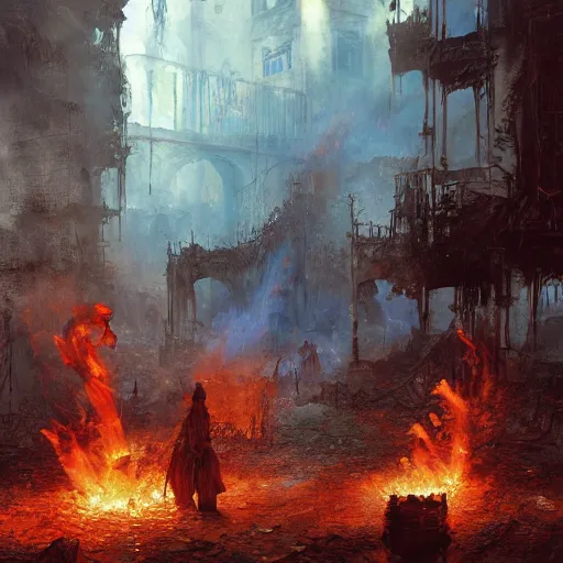 Image similar to Oil painting of town ruins, ashes and flames, people hiding, D&D, Magic The Gathering, by Craig Mullins, intricate details, Nekro, Victo Ngai, centered, symmetrical, volumetric lighting
