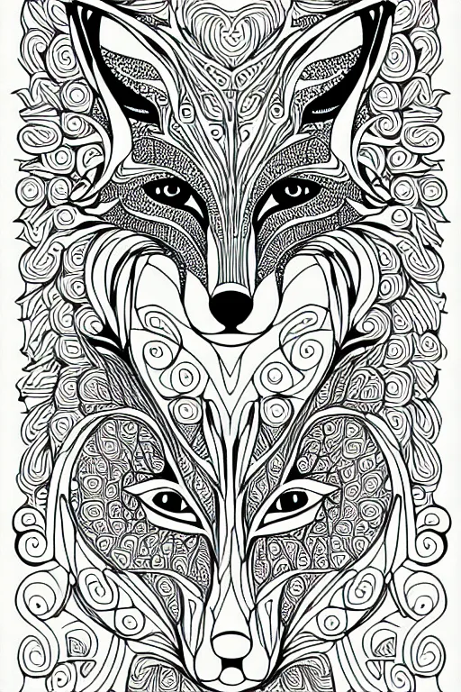 Image similar to fox ornaments fractal ink drawing line art colouring page, vector, margins, fine lines, centered