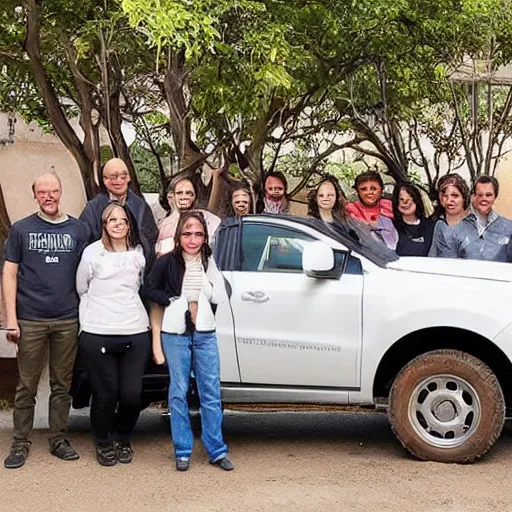 Prompt: “ a press photo of a group of scientists showing off their new vehicle designed to run on meat ”