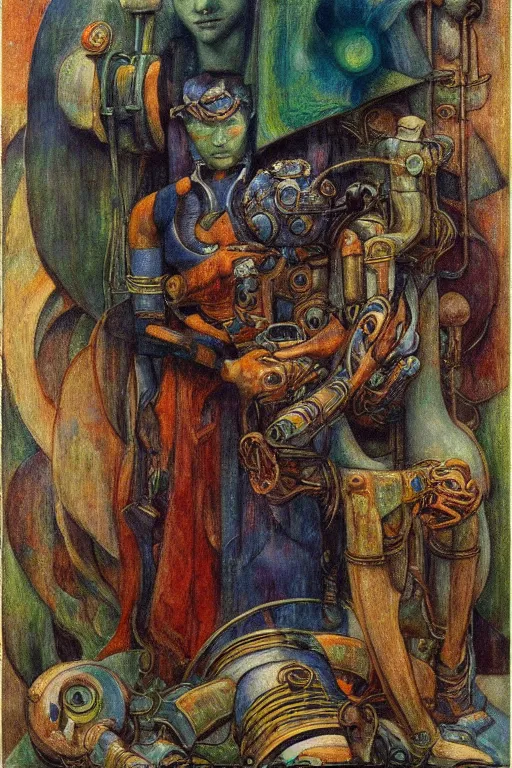 Image similar to the robot queen makes tea ,by Annie Swynnerton and Diego Rivera and Elihu Vedder, symbolist, dramatic lighting, elaborate geometric ornament, Art Brut, soft blues and greens,smooth, sharp focus, extremely detailed, Adolf Wölfli