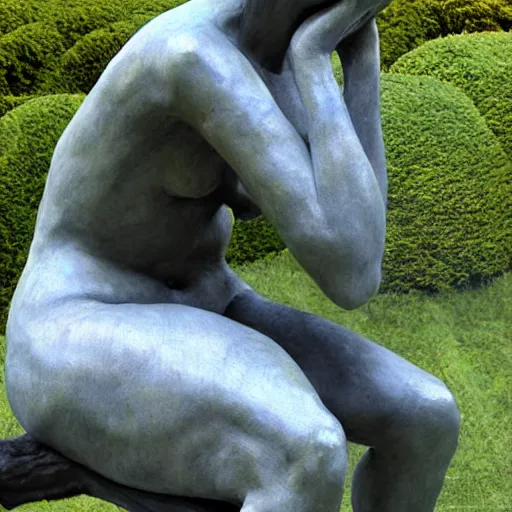 Image similar to sculpture of cate blanchett ,the thinker, by Augusts Rodin,hyper detailed, photorealism