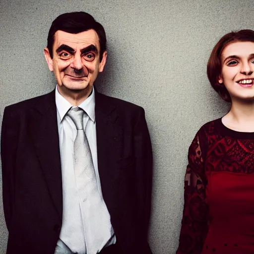 Image similar to A portrait mr bean elizabeth teams up with a teenage mr bean, perfect faces, 50 mm, award winning photography