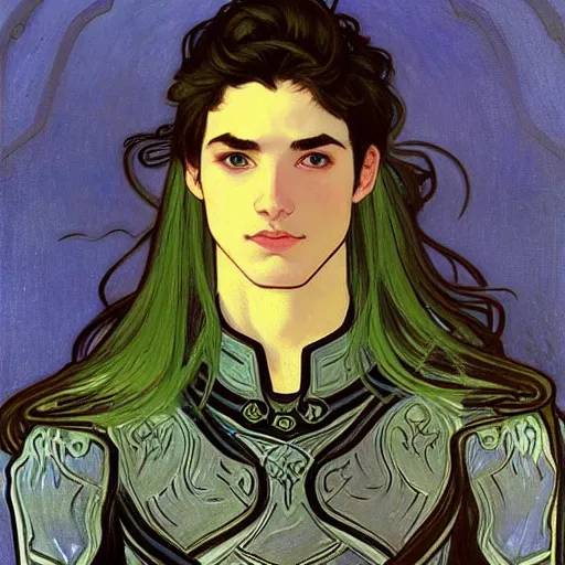 Prompt: portrait painting of young handsome beautiful paladin elf!! man with long! wavy dark hair in his 2 0 s named taehyung minjun adam at the blueberry party, wearing armor!, long hair, elf ears, blue eyes, blueeyes!, elegant, delicate, soft facial features, art, art by alphonse mucha, vincent van gogh, egon schiele,
