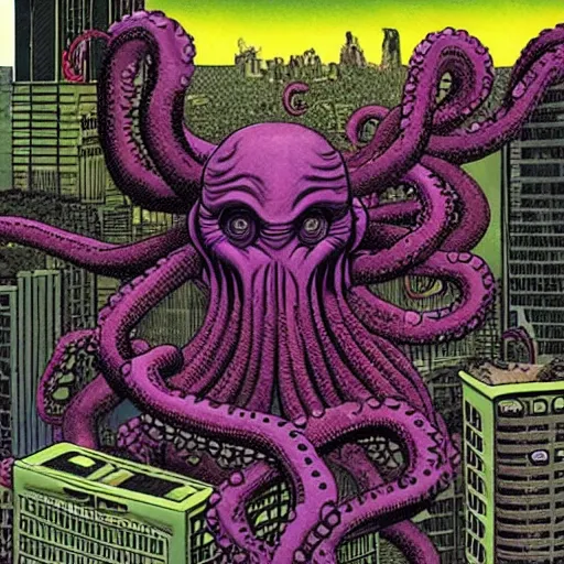 Prompt: giant alien octopus demon terrorising a city, art by Richard Corben