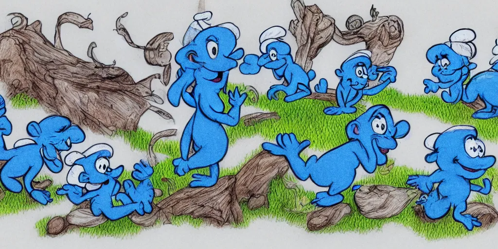 Image similar to smurfs found in snails with a sunrise and road landscape with lynxes and teeth in pen drawing style and pencil color