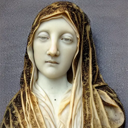 Image similar to a masterpiece marble sculpture of the veiled virgin, subsurface cracks, !face, !female, covered in intricate !detailed golden streaked !!sheer veil , physically based rendering, photo realistic, top light , dark background