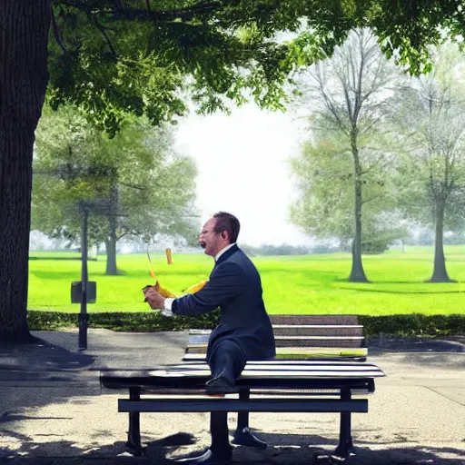 Image similar to A businessman is sitting on a bench eating lunch in a park. A tall ladder lurks menacingly behind him. A tall ladder lurks menacingly behind him. , shadows, realistic, 4k