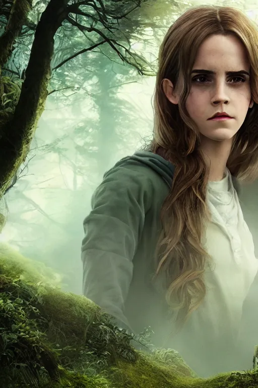 Prompt: Emma Watson as Hermione Granger, magical, forest, evening, green mist, symmetrical face, hyper realistic, medium close up, digital art, octane render, trending on artstation, artstationHD, artstationHQ, unreal engine, 4k, 8k