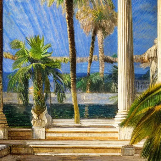 Image similar to a ultradetailed beautiful painting of the amazonas palace balustrade designed by jules bastien - lepage, hans belmer, frank weston and gustave baumann, beach, trending on artstation, mediterranean, palm trees, refracted color sparkles, sharp focus, soft light, 8 k 4 k