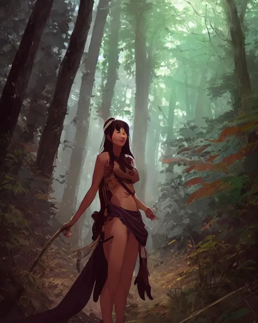 Image similar to a tribeswoman standing in the woods. By Makoto Shinkai, Stanley Artgerm Lau, WLOP, Rossdraws, James Jean, Andrei Riabovitchev, Marc Simonetti, krenz cushart, Sakimichan, D&D trending on ArtStation, digital art.