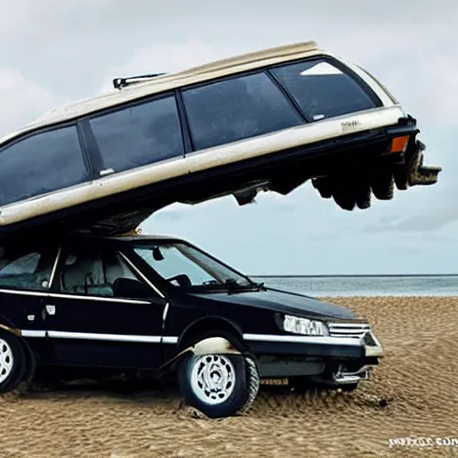 Prompt: a saab 9 0 0 car upside down on a beach desert island - n 4