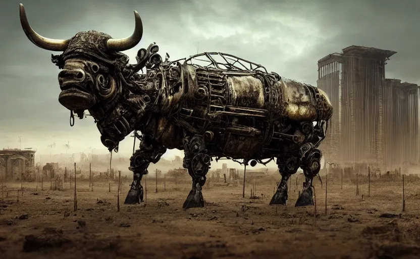 Prompt: a metallic cyborg buffaloes in a post apocalyptic swamp with ruins of a rationalist city, photorealistic render, mad max