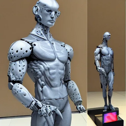 Image similar to twitch streamer / gamer ludwig, ice statue, blank stare, a realistic detailed photo of a guy who is an attractive humanoid who is half robot and half humanoid, by the pool, posing like a statue, showing off his muscles, made of ice, shiny skin, on display, who is a male android, humanoid robot