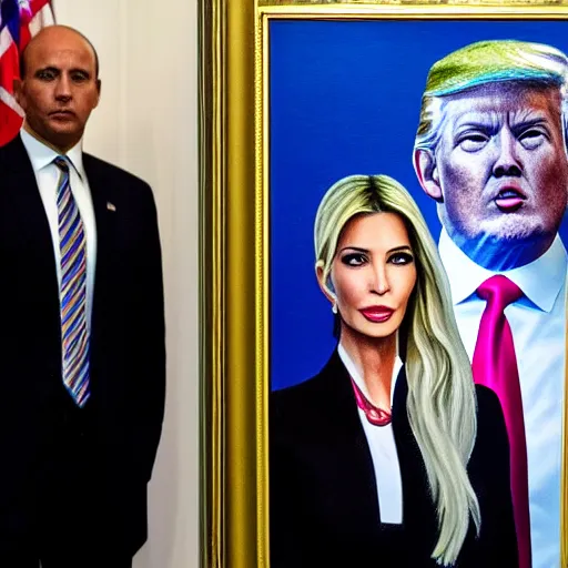 Image similar to FBI agents standing in front Donald’s trump safe in his office with a painting of Ivanka trump hanging over the safe