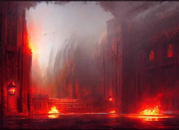 Prompt: huge gate, environment, illustration, fire, smoky, red, colors, epic scene, by craig mullins, symmetrical, golden raito, high quality, intricate details, details, intricate, atmosphere, highly detailed, matte painting, cinematic, deviantart, realistic, concept art, 4 k