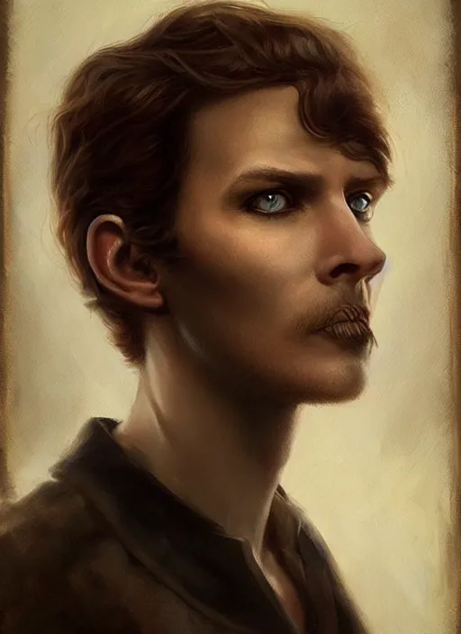 Prompt: a sinister portrait of a man with beautiful blue eyes and short brown hair, art by manuel sanjulian and tom bagshaw