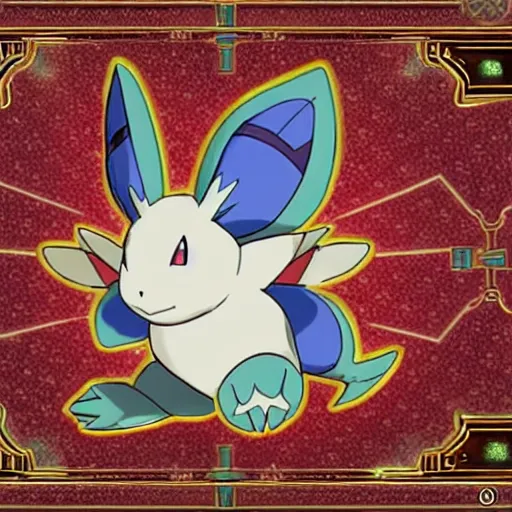 Image similar to a rare holographic pokemon card of a Moogle from Final Fantasy
