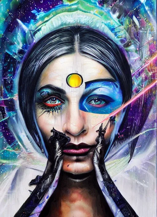 Prompt: gorgeous magic cult psychic woman smiling, third eye, energetic consciousness psychedelic, epic surrealism expressionism symbolism, story telling, iconic, dark robed, oil painting, symmetrical face, dark myth mythos, by Sandra Chevrier , H R Giger, masterpiece