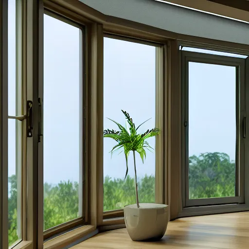 Image similar to 3 d rendered image of man oppening room window, fresh air blender 3 d keyshot unreal engine