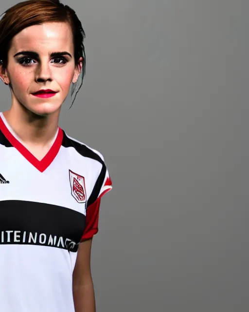 Image similar to a portrait of emma watson as a lokomotiv football player, hyper realistic