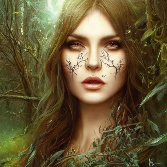 Image similar to a higly detailed full body shot portrait painting of a sorceress with piercing beautiful eyes, standing in a forest meadow, morning, dynamic lighting, ambient lighting, deviantart, art by artgerm and karol bak and mark brooks