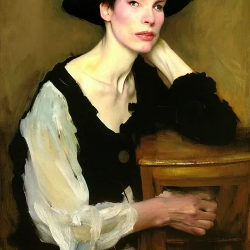 Image similar to A stunning masterful portrait of a striking French woman with short pink hair and wearing a black French beret high cheek bones by Andrew Wyeth, John Singer Sargent, and Norman Rockwell, natural light, oil painting, ethereal, earth tones, strong brushwork