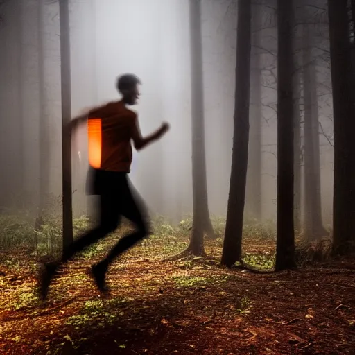 Image similar to a smudged, scratched, grainy and blurry photograph showing the whole body of a young tall man dynamically and frenetically running from danger in the dark forest. in the foggy woods, night time, flash lights